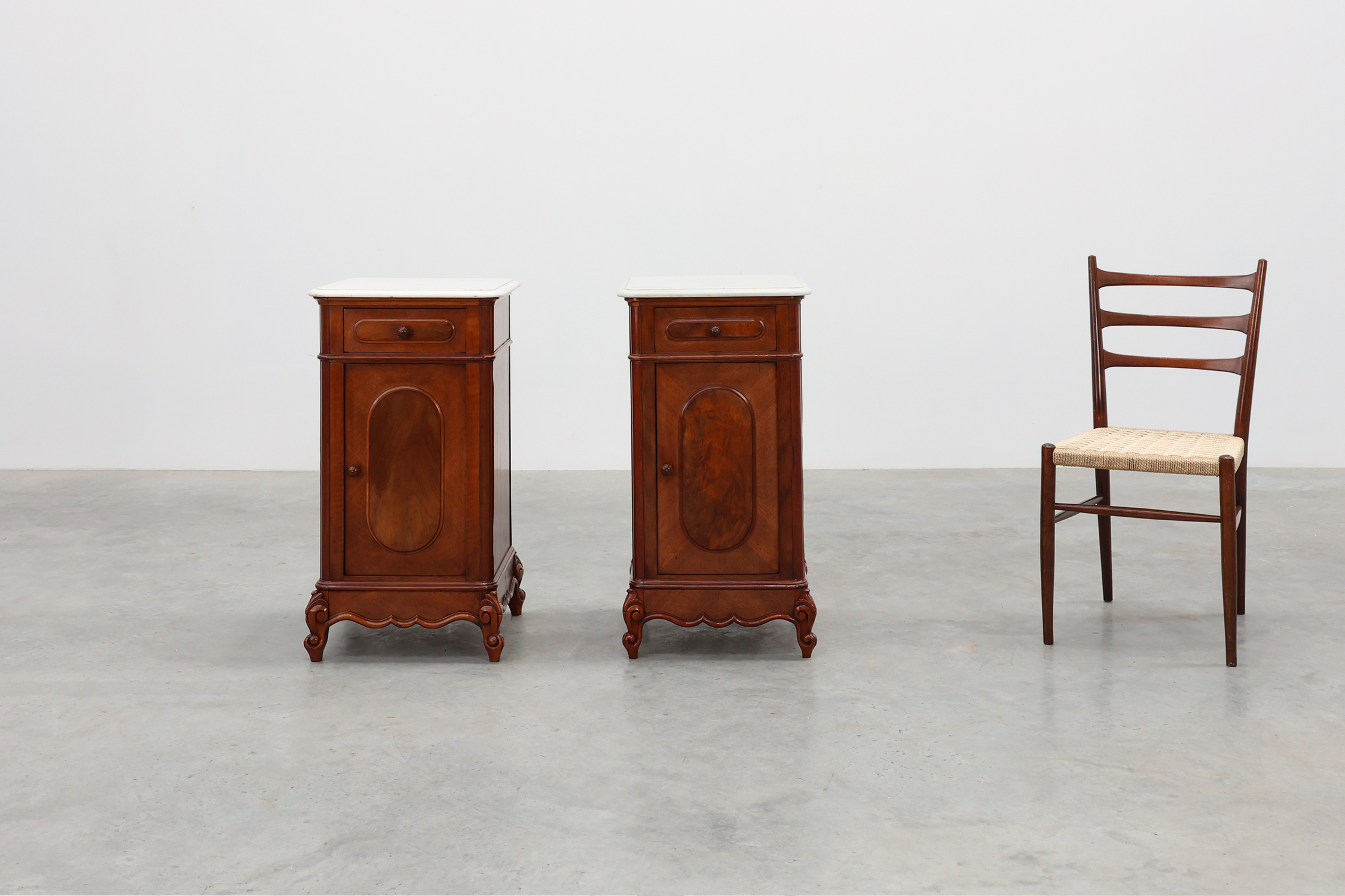 Pair Louis XV nightstands with Carrara marble top, France ca. 1890thumbnail